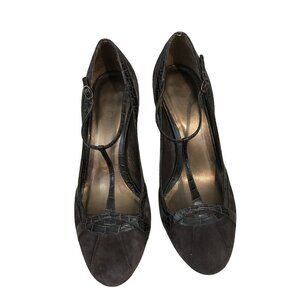Ann Taylor Loft Brown Suede & Faux Croc Leather T-Strap Heels Size 6.5 Flapper